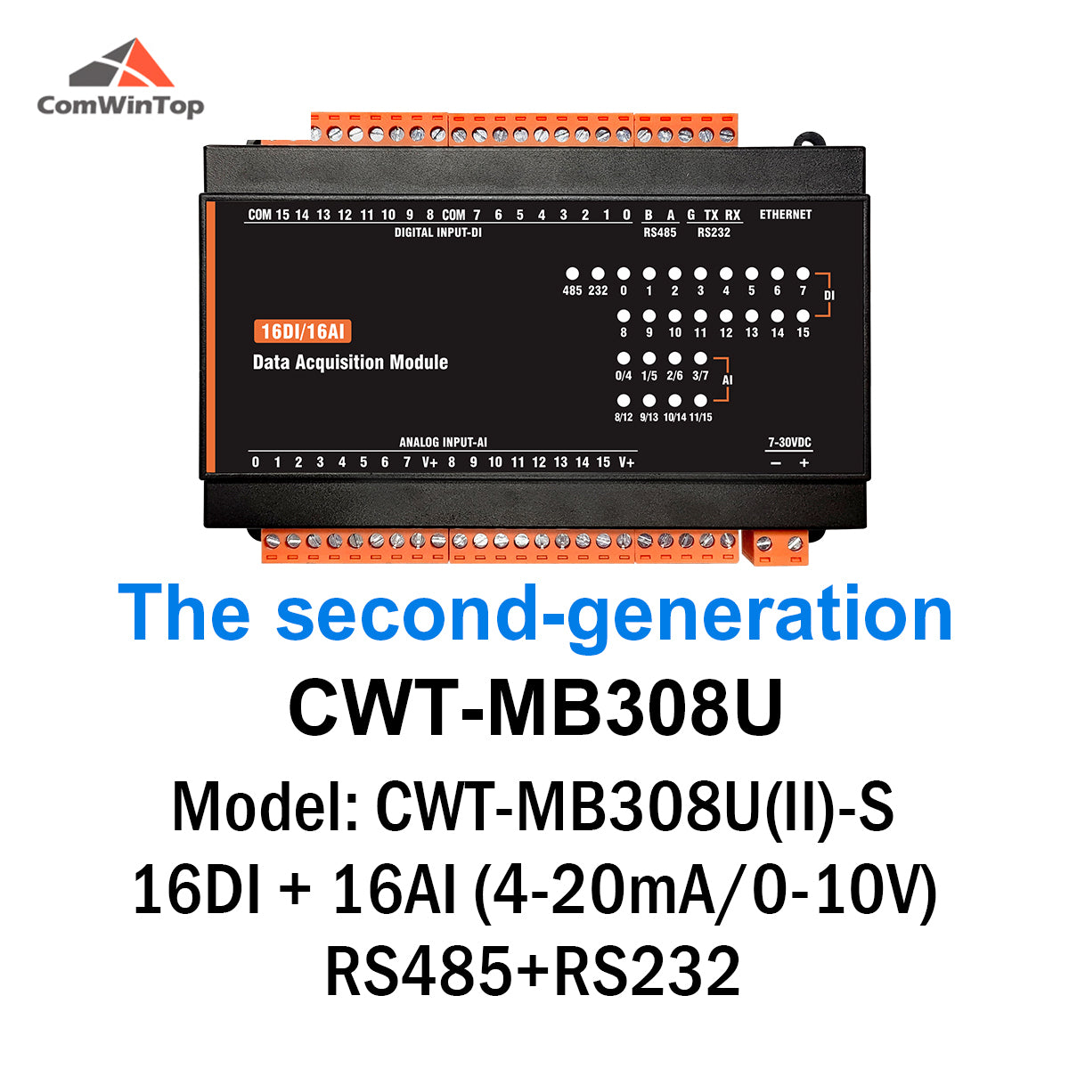 CWT-MB308U 16AI+16DI RS485 RS232 Ethernet Modbus Rtu Tcp Io Acquisition Module