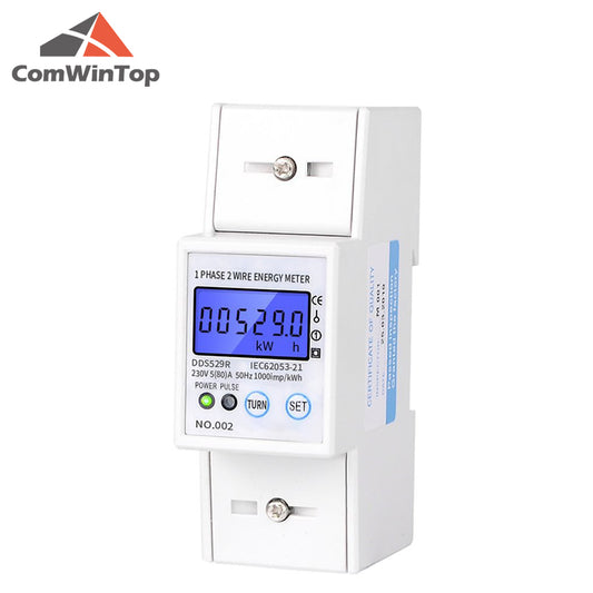 Intelligent RS485 Electric Power Meter Single Phase 2 Wire Energy Meter DIN Rail Mounting LCD Backlight Display AC 230V 5-80A
