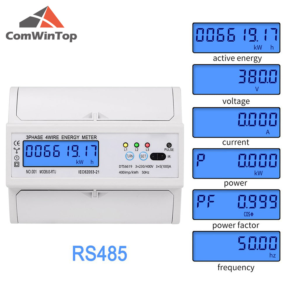 3 Phase 4 Wire RS485 Modbus 380V DIN Rail Energy Meter Digital Backlight Power Factor Monitors With Voltage Current Display