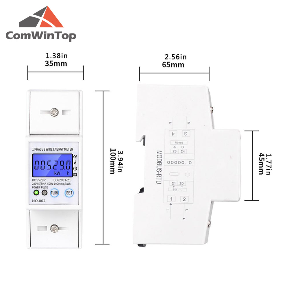 Intelligent RS485 Electric Power Meter Single Phase 2 Wire Energy Meter DIN Rail Mounting LCD Backlight Display AC 230V 5-80A