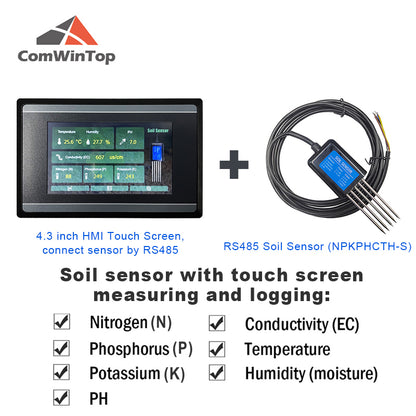 Measuring and Logging Soil Moisture Temperature Humidity EC PH NPK Sensor with HMI touch screen