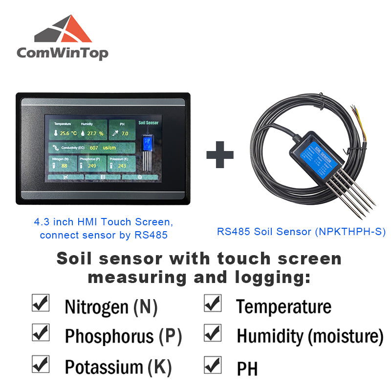 Measuring and Logging Soil Moisture Temperature Humidity EC PH NPK Sensor with HMI touch screen