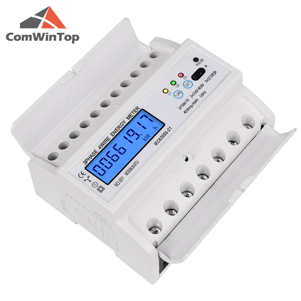 3 Phase 4 Wire RS485 Modbus 380V DIN Rail Energy Meter Digital Backlight Power Factor Monitors With Voltage Current Display