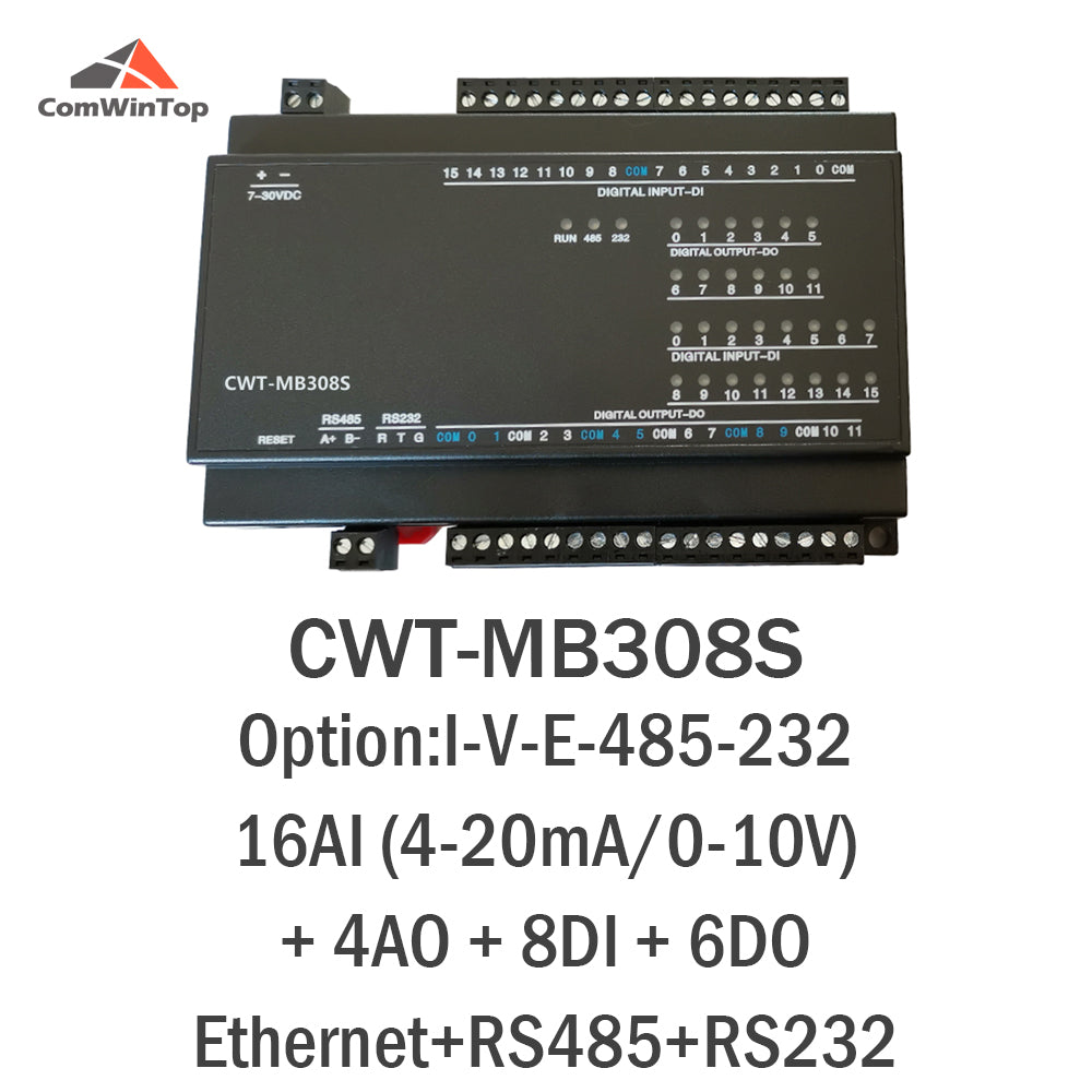 CWT-MB308S 16AI+4AO+8DI+6DO RS485 RS232 Rj45 Modbus Rtu Tcp Io Acquisition Module